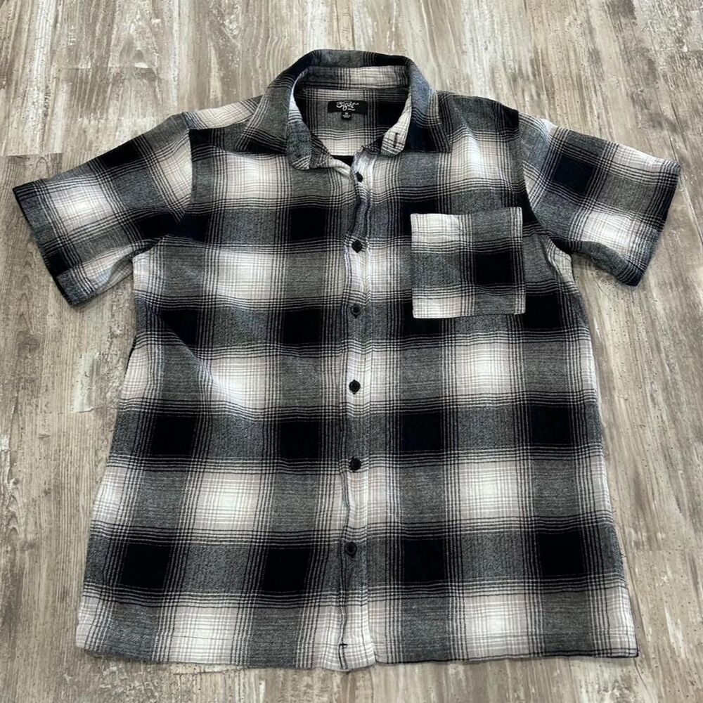 Eighty Eight Men's rugged skater grunge utility black + grey plaid button-up shi